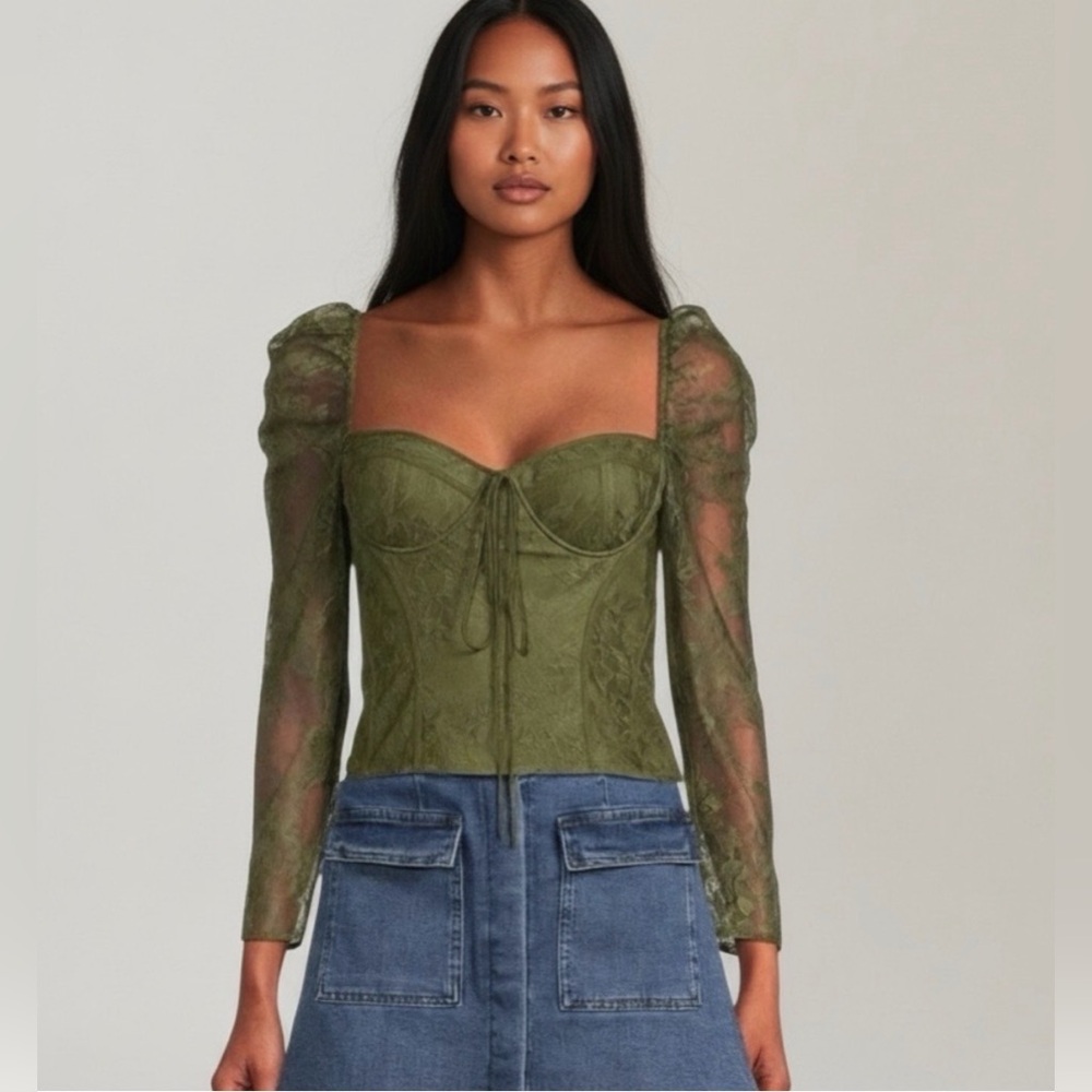 NWT Chelsea & Violet woven Laura blouse olive green long sleeve top Size 8